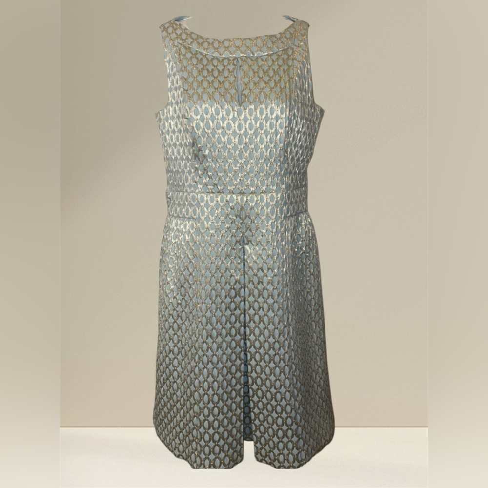 LAUREN RALPH LAUREN AQUA GOLD JACQUARD A-LINE SLEEVELESS DRESS 12